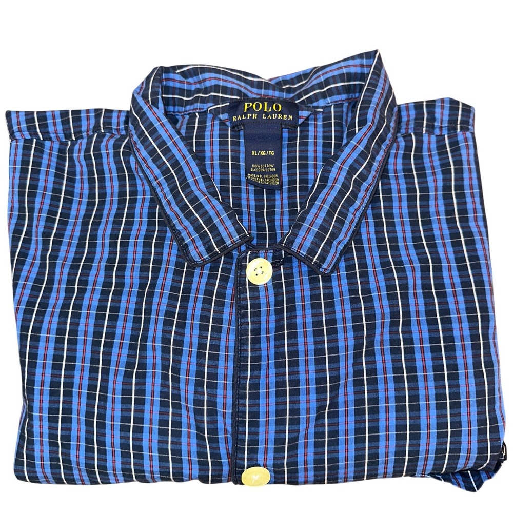 Polo Ralph Lauren Mens XL Blue Plaid Cotton Long Sleeve Pajama Shirt White Pony
